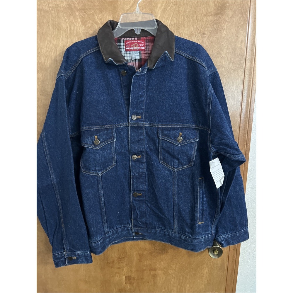 MARLBORO Country store Dark Denim Jean Leather‎ Collar Trucker Jacket Large NWT